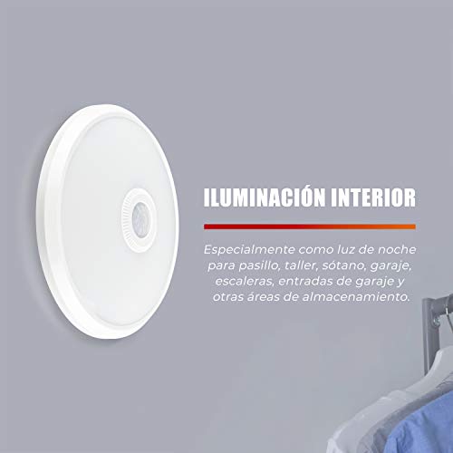 POPP® Plafón superficie LED con Sensor de movimientos por infrarrojo blanco,16W IP20 Neutro 4000K SMD2835 interior,exterior,pasillos,cocinas,garaje ref:SM-11B