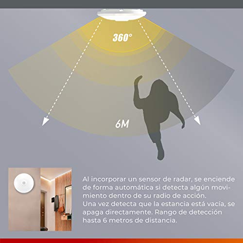 POPP® Plafón superficie LED con Sensor de movimientos por infrarrojo blanco,16W IP20 Neutro 4000K SMD2835 interior,exterior,pasillos,cocinas,garaje ref:SM-11B