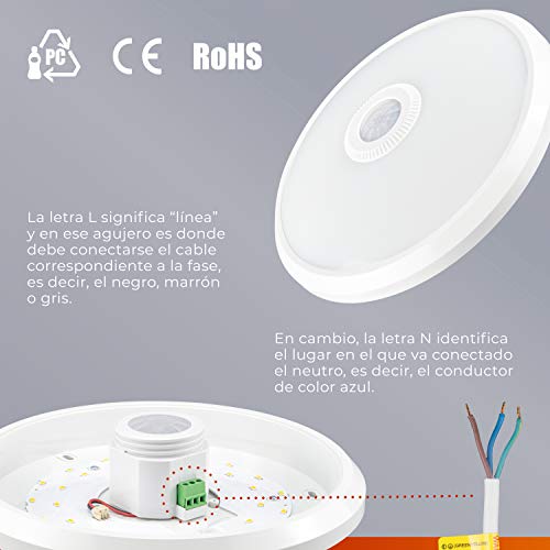 POPP® Plafón superficie LED con Sensor de movimientos por infrarrojo blanco,16W IP20 Neutro 4000K SMD2835 interior,exterior,pasillos,cocinas,garaje ref:SM-11B