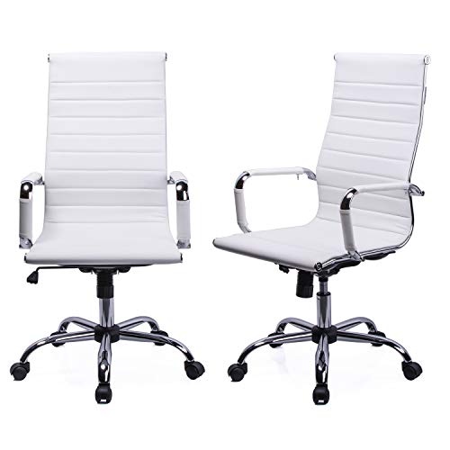 poptoy - Silla de oficina de piel sintética con respaldo alto curvado, altura ajustable, color blanco