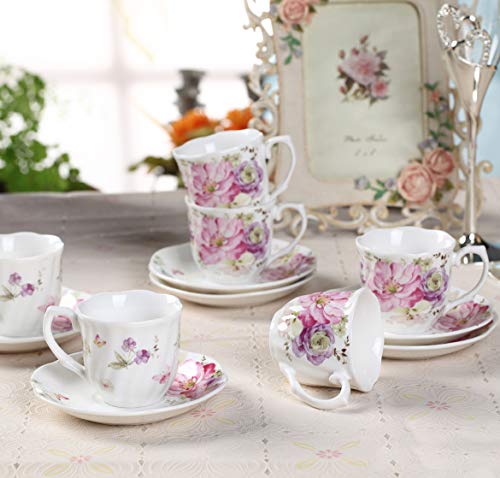 Porcelana Juegos de Café Taza de 7oz - Regalo de Vacacione Racimo De Flores Impreso Set de Tazas de Té Nueva Porcelana de Hueso Juego de Tazas y Platillos de Café Para Mocha Capuccino, Café con Leche