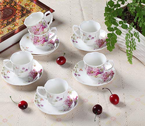 Porcelana Juegos de Café Taza de 7oz - Regalo de Vacacione Racimo De Flores Impreso Set de Tazas de Té Nueva Porcelana de Hueso Juego de Tazas y Platillos de Café Para Mocha Capuccino, Café con Leche