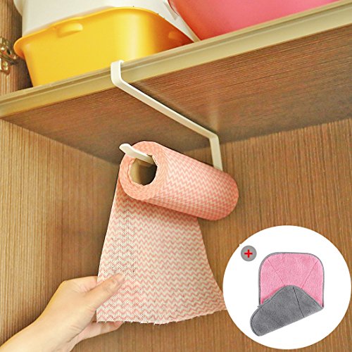 Portarollos Cocina, HTBAKOI Soporte Porta Rollo Papel Cocina Grande+Paño de Limpieza de Microfibras Portarrollos de Cocina Bajo Mueble o Estante Instalación sin taladro para Cocina y Baño