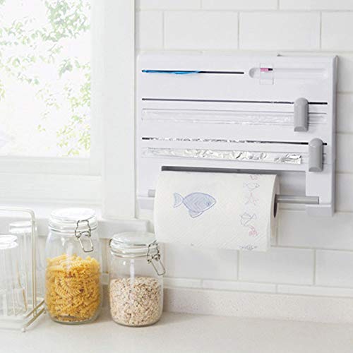 Portarrollos Pared Cocina Dispensador De Rollos Cortador De Papel De Aluminio Película Adhesiva Rollo De Papel Bolsa De Basura Cinta Soportes Estante 6 En 1 (Blanco)