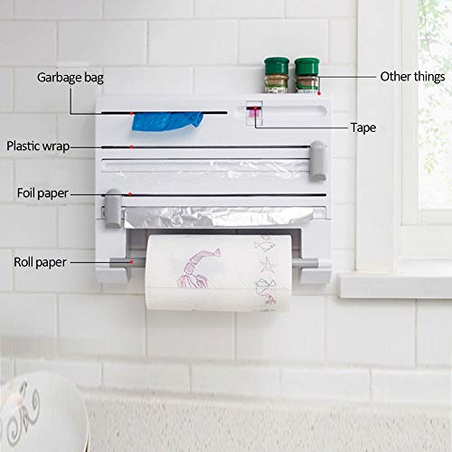 Portarrollos Pared Cocina Dispensador De Rollos Cortador De Papel De Aluminio Película Adhesiva Rollo De Papel Bolsa De Basura Cinta Soportes Estante 6 En 1 (Blanco)