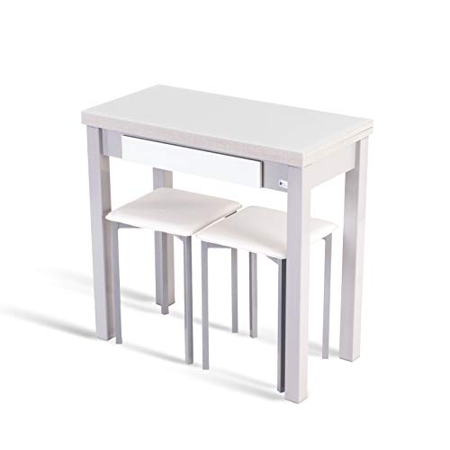 Portus Conjunto Romero - 1 Mesa Libro 80x40(80) (Cristal Blanco) + 2 taburetes (Blanco)