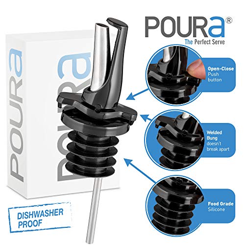 Poura Vertedor para Botellas – Boquilla para Botella Patentada – Dispensador de Aceite y Vino - Flujo Medio y Cierre para Control Preciso – Vertedor de Botella Universal – 2 Pack Negro (Negro, 2)