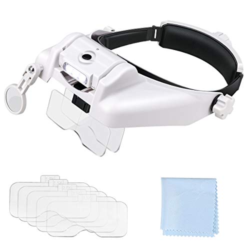 Powcan Gafas Lupa Visera con Luz LED,Manos Libres Lupa Relojero Perfecto para Leer, Soldar, Extensiones de Pestañas, Reparación de Joyería, 6 Lentes Intercambiables 1.0X, 1.5X, 2.0X, 2.5X, 3.5X, 8X