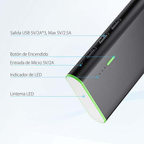 POWERADD Batería Externa 10000mAh (3 USB, 5V 2A, Más 2.5A, con Linterna) Carga Rápida Power Bank para iPhone iPad Samsung Xiaomi Móviles Inteligentes y Tableta