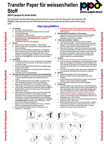 PPD A4 Papel De Transferencia Térmica Para Camisetas y Tejidos Blancos o Claros, 10 Hojas - PPD-1-10