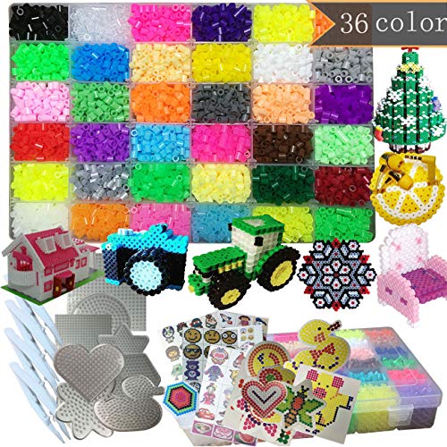 PPEEGOO Lote de 11100 Abalorios Perler,5mm 36 Colors (6 Brillar en Oscuridad) 8 Plantillas 4 Pinzas + Papel de Hierro de los Granos DIY de Perler Caja de fusibles de 5 mm Hama Beads