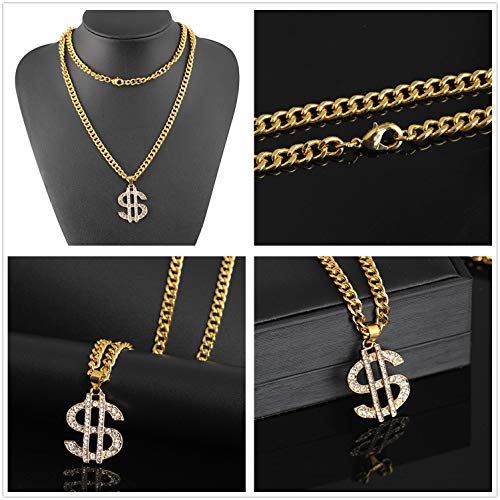 PPX 3 Piezas para Hombre Chapado en Oro Hip Hop Cz Inlay Signo de Dólar Anillos y Collar Colgante y King Sign Collar Pendiente con Caja