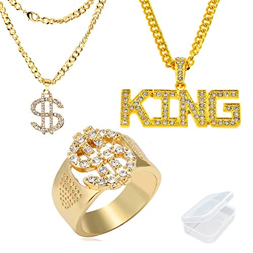 PPX 3 Piezas para Hombre Chapado en Oro Hip Hop Cz Inlay Signo de Dólar Anillos y Collar Colgante y King Sign Collar Pendiente con Caja