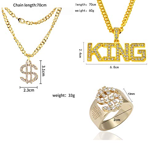 PPX 3 Piezas para Hombre Chapado en Oro Hip Hop Cz Inlay Signo de Dólar Anillos y Collar Colgante y King Sign Collar Pendiente con Caja