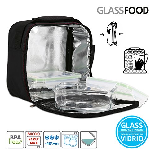 PracticFood GlassFood - Bolsa Térmica Porta Alimentos Valira Soft con 2 Contenedores Glasslock de 715 ml en Vidrio Sódico-Cálcio Templado, Color Negro