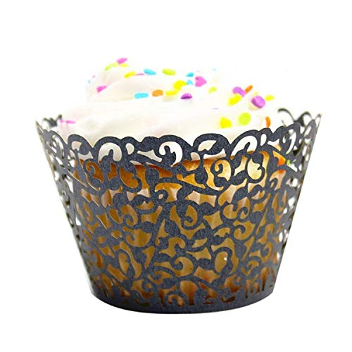 Precioso Pequeño Vid Encaje Corte Láser Cupcake Envoltorio Forro Horneado Taza Muffin Cupcake Decoración Fundas Cajas Al por Mayor 24 Paquete/Juego - Negro