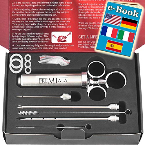 Premiala Único jeringa cocina de acero inox 304 en las partes que tocan la comida, +3 agujas, 4 juntas tóricas, eBook! Kit de 60 ml con jeringuilla cocina profesional inyector para carne inyector de salsas para marinar ternera, pollo y pavo!