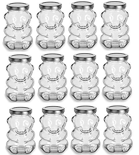 Premium Vials Tarro de oso de cristal para miel, mermelada, favores. Caso de 12 9 oz Con tapa de plata