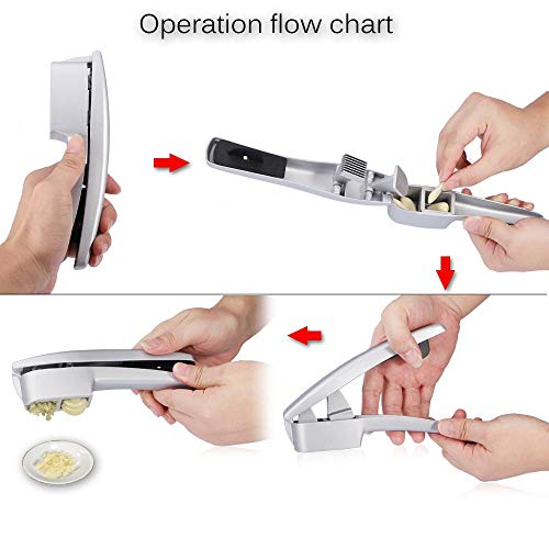 Prensa de ajo, 2 en 1 cortador de ajo y ajo con cepillo limpiador de ajo y pelador de tubo de silicona. Fácil de apretar, a prueba de óxido, apto para lavavajillas, fácil de limpiar.