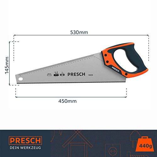 Presch serrucho 450 mm - serrucho de madera con tope 45º y 90º - sierra profesional para madera y laminado