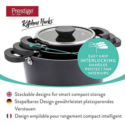 Prestige Kitchen Hacks batería de Cocina de 3 Piezas de Aluminio, Set de cazuelas antiadherentes, Juego de cazuelas de Calidad para Todo Tipo de cocinas, Incluidas de inducción