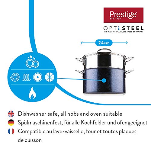 Prestige Optisteel Set para cocinar al Vapor, Juego de ollas vaporeras de Alto Rendimiento para Verduras y Otros Alimentos, Olla al Vapor de Acero Inoxidable con Tapa, 24 cm, Azul