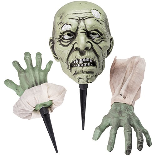 PREXTEX - Cara y Brazos de Zombi para Halloween con Estacas para Clavar en Césped para el Mejor Cementerio de Halloween - Decoraciones para Halloween