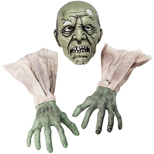 PREXTEX - Cara y Brazos de Zombi para Halloween con Estacas para Clavar en Césped para el Mejor Cementerio de Halloween - Decoraciones para Halloween