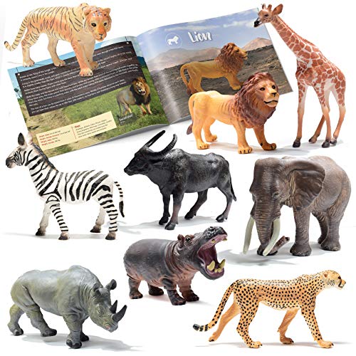 PREXTEX Las Figuras realistas Looking Safari Animales - 9 Grandes Figuras de plástico con Animales de la Selva Libro Grande