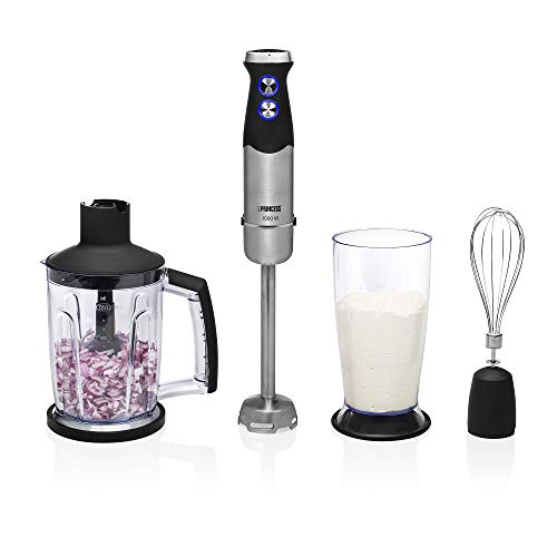 Princess 221221 - Set de batidora de mano XL con control de velocidad, 1000 W, incluye taza de medir XL, picador XL y batidor, acero Inoxidable, acabado de goma, negro