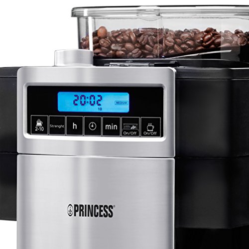 Princess 249402 - Cafetera con molinillo de café, panel de control digital, capacidad 1.25 L, sistema antigoteo, 1000 W, para 10-12 tazas de café