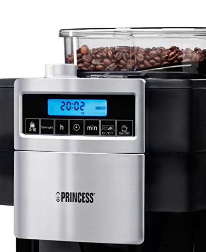 Princess 249402 - Cafetera con molinillo de café, panel de control digital, capacidad 1.25 L, sistema antigoteo, 1000 W, para 10-12 tazas de café