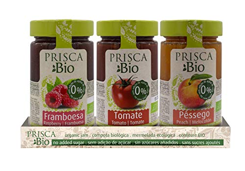 PRISCA Mermelada 100% Ecológica de Frambuesa - Tomate - Melocotón - Sin Azúcar Añadido - Produto Bio Certificado - Paquete con 3 Unidades de 240 gr Cada