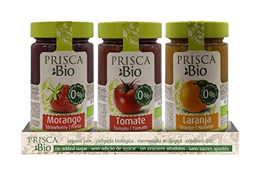 PRISCA Mermelada 100% Ecológica de Fresa - Tomate - Naranja - Sin Azúcar Añadido - Produto Bio Certificado - Paquete con 3 Unidades de 240 gr Cada