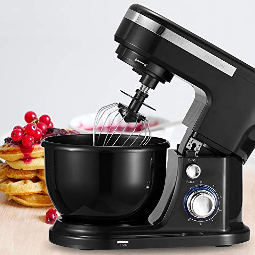 PRIXTON KR100 - Robot Cocina/Batidora Amasadora de Reposteria con Potente Motor de 1000 W, Incluye 3 Accesorios de batido y un Bol de 4L, 6 Velocidades Diferentes + Velocidad Continua, Color Negro