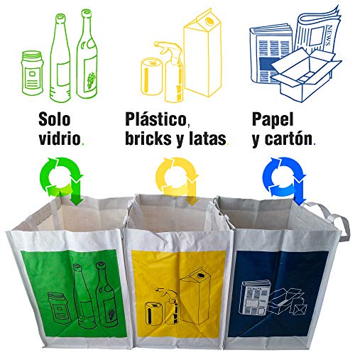 Productos Del Hogar Basura/Cubos, Separables, con Asas, Gran Capacidad, para Papel, Vidrio y Plástico, Ideal para Hogar/Oficina/Interior/Exterior, Pack 3 Bolsas de Reciclaje Blancas