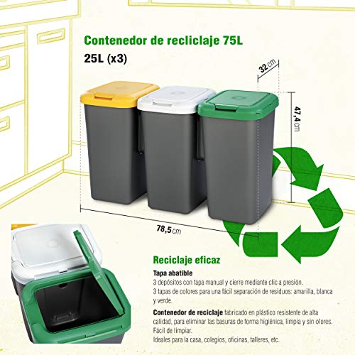 Productos Del Hogar Ideal para Hogar/Oficina/Interior/Exterior Papelera Reciclaje 3 Compartimentos, 75 litros Capacidad Total, 78,5 (Ancho) x 33 (Profundo) x 47,5 (Alto) cms-plástico-Multicolor