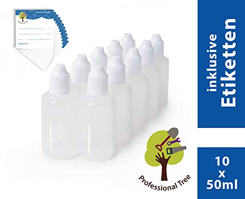 ProfessionalTree Botellas de líquido de 10x50 ml para la dosificación y el Almacenamiento Limpio de líquidos - Tapón de Rosca con Bloqueo de Seguridad para niños