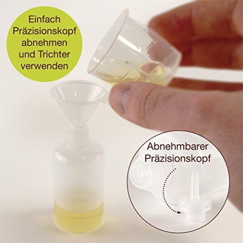 ProfessionalTree® Botellas para líquido con Sistema de Goteo 10x30 ml. con Embudo de medición - 10 Etiquetas - para conservar líquidos - Seguro para niños - Calidad LDPE