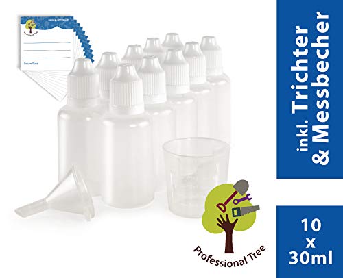 ProfessionalTree® Botellas para líquido con Sistema de Goteo 10x30 ml. con Embudo de medición - 10 Etiquetas - para conservar líquidos - Seguro para niños - Calidad LDPE