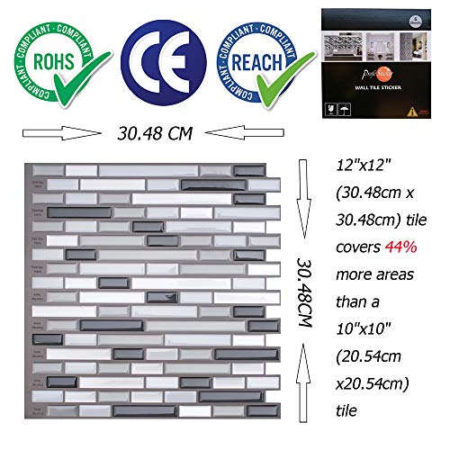 Profesticker Vinilo Azulejo Adhesivo Cenefa 3D Auto-Adhesivo Pegatina Pared Baldosa Revestimiento Decorativo Impermeable Cocina Baño (12Pulgadas) (6Laminas) (Mosaico Negro-Gris-Blanco Pequeño)