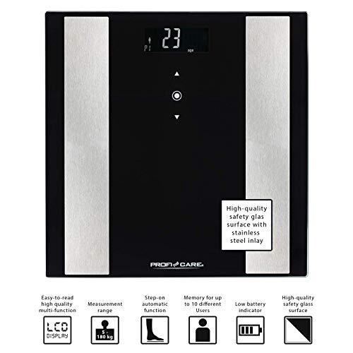 ProfiCare PW 3007 - Báscula baño digital con análisis corporal de 8 funciones diagnóstico, color negro inox