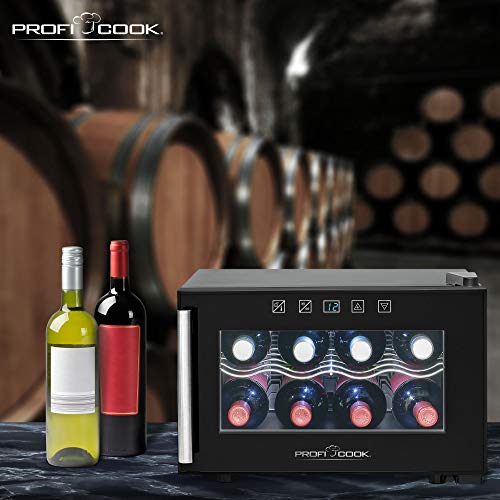 Proficook GK 1162 Vinoteca 8 botellas enfriamiento termoeléctrico, 21 litros, ajuste electrónico de la temperatura, panel táctil, display, luz interior, Clase Climática N, Clase energética A