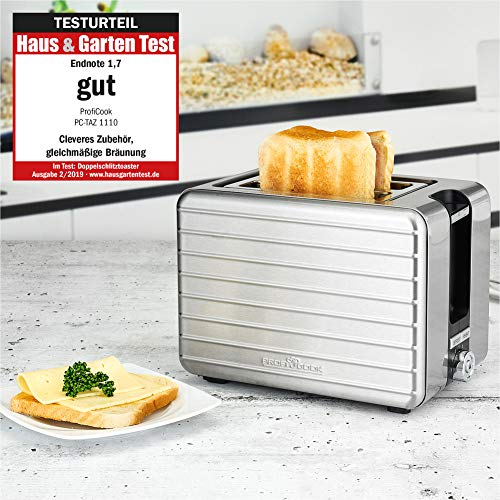 ProfiCook TAZ 1110 Tostadora y sandwichera de diseño 2 rebanadas anchas 40mm, 1050 W, Acero Inoxidable, 2 Ranuras, plateado/negro