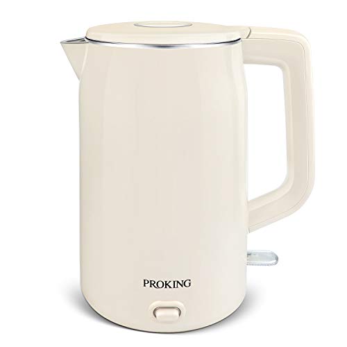 PROKING Hervidor Eléctrico, Hervidor de Agua Hervidor de Acero Inoxidable de 1500 W 1.7L, Diseño de Doble Pared, sin BPA, Hervidor de Té Retro,Base 360º, Filtro Antical, Apagado Automático (Beige)