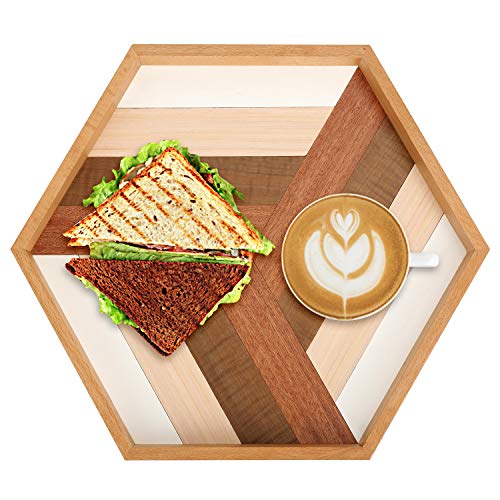 Prometis 13.4 `` x 11.5 '' X 1.2 `` Bandeja de servicio hexagonal de madera hecha a mano, ideal para la cena Bandeja / Bandeja de té / Bandeja de frutas / Bandeja de picnic