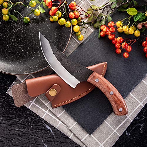 Promithi Kitchen Cuchillo de Chef con Funda Forja de Acero de Alto Carbono Hecha a Mano, Cuchillo de Matanza con Mango de Madera para Acampar Senderismo al Aire Libre