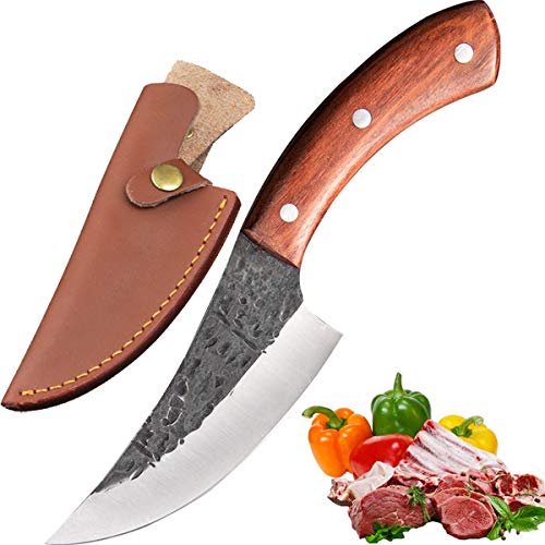 Promithi Kitchen Cuchillo de Chef con Funda Forja de Acero de Alto Carbono Hecha a Mano, Cuchillo de Matanza con Mango de Madera para Acampar Senderismo al Aire Libre