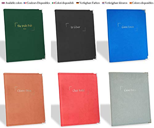 Protección Menu A4 personalizada (x10), color negro y gris, azul, marrón, verde y rojo – 2 páginas, portamenús de mesa de piel sintética con el nombre de su establecimiento, color Negro
 A4