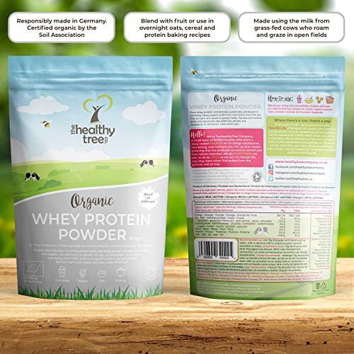 Proteína de Suero de Leche Orgánico en Polvo (600 g) - Sin Sabor y Alto en BCAA con 15g Cucharada Gratis - 80% Proteína Whey Pura de Vacas Alimentadas por Hierba de TheHealthyTree Company